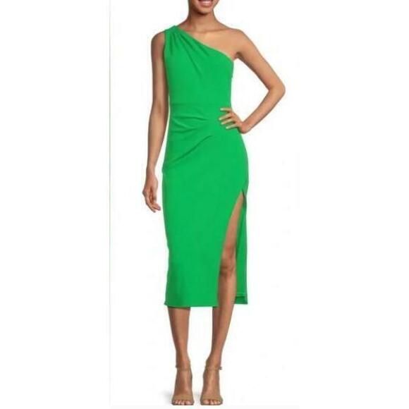 Belle Badgley Mischka Women's Green One Shoulder Sheath Dress 2 NWT